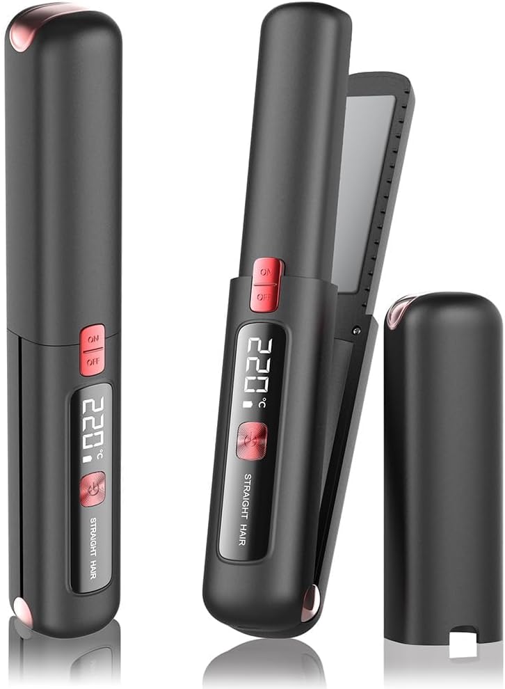 Cordless Hair Straightener and Curler 2 in 1 Mini Lightweight and Small USB Rechargeable with 4500mAh Battery 10s Fast Heating Portable Ceramic Flat Iron for Travel (Black)
