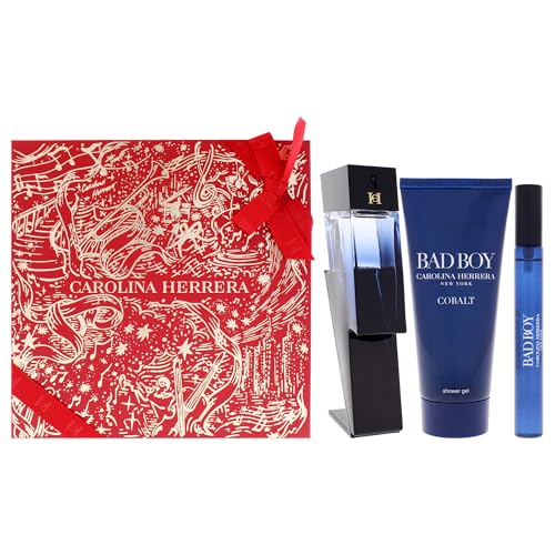 Carolina Herrera Bad Boy Cobalt 3-Piece Gift Set for Men, (Eau De Parfum 3.4 oz + Shower Gel 3.4 oz + Travel Spray 0.34 oz)  Limited Edition