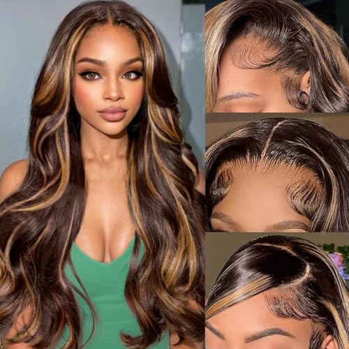 QNQZ 28 Inch Honey Blonde Ombre Lace Front Wig Human Hair Highlight Body Wave Lace Front Wigs Human Hair Pre Plucked 220 Density Glueless 13X6 HD Lace Frontal Wig for Women 4/27 Colored
